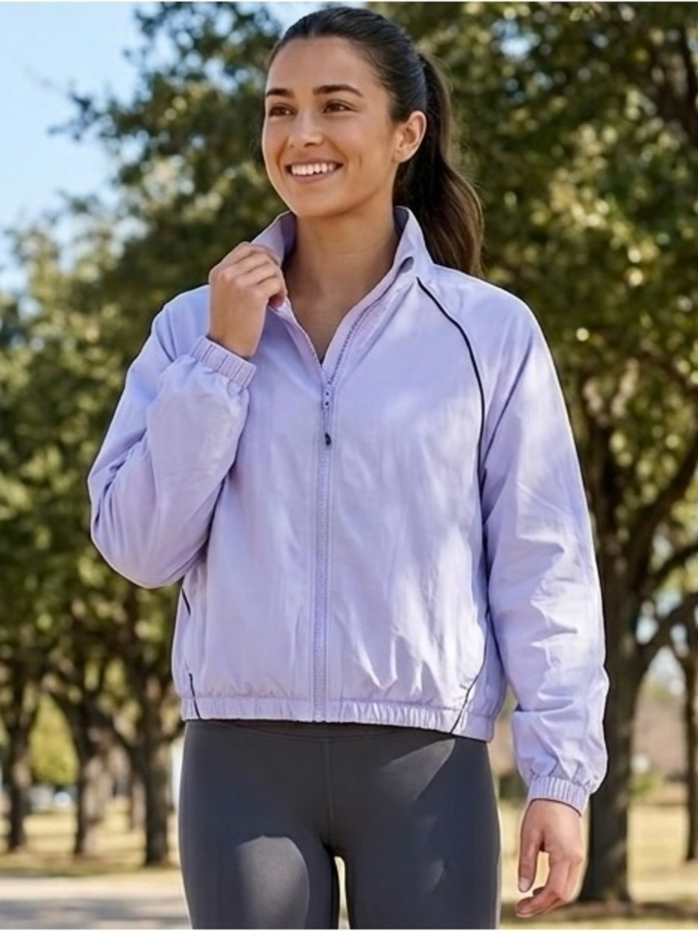 Bandier NWT Contrast Run Baby Lavender Navy Trim Windbreaker Jacket Size L